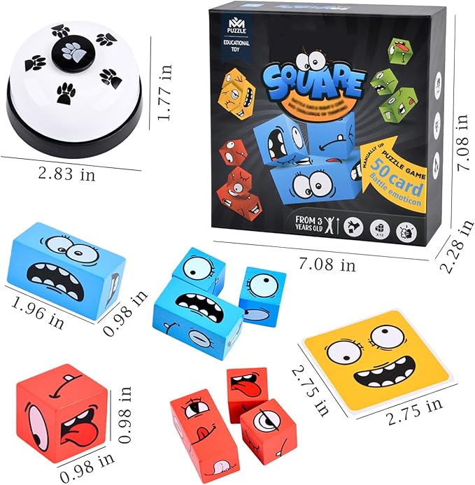 Wooden Face Changing Magic Cube Game, Expression Puzzle Building Blocks Pattern Matching Game, Educational Puzzles Toy Board Games for Kids and Adults with Bell