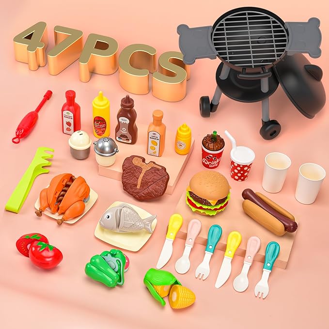 47 PCS Kids Kitchen Toys Set, Kids Toy Grill Playset, Interactive Toy BBQ Grill Set with Sound&Light, Pretend Play Outdoor Barbecue Cooking Toys, Christmas Birthday Gift for Kids Boys Girls Ages 3+