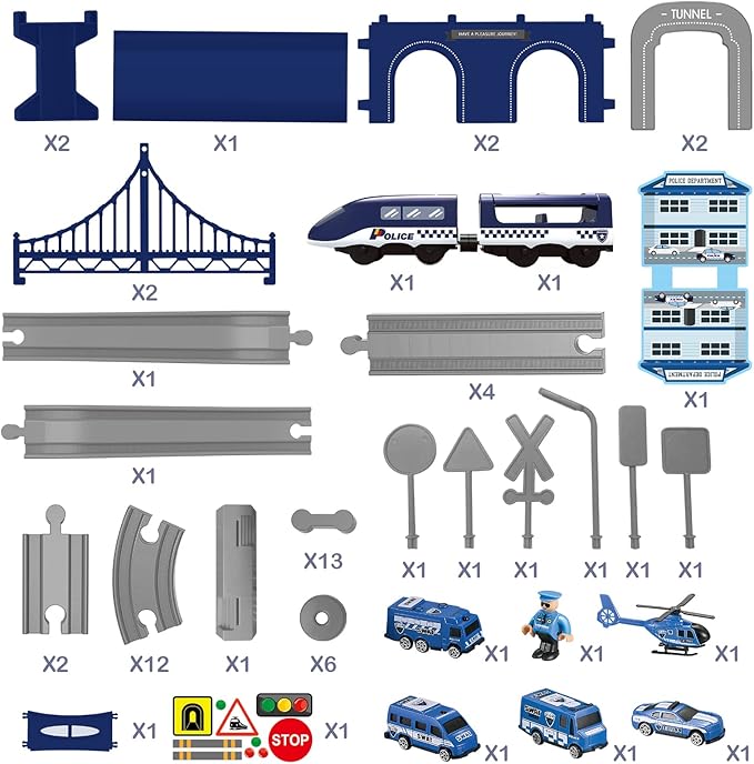 Train Sets for Toddlers, 66 Pcs Trains Toy with Battery Operated & Tracks (Magnetic Connection), Compatible with Thomas, Brio, Christmas Toy Gifts for 3 4 5 6 7 8 Years Old (Police)