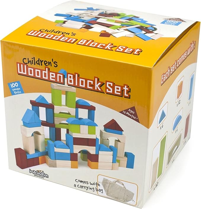 Imagination Generation 100 Piece Natural Wooden Building Block Set with Carrying Bag – Children's Deluxe Stacking Toy Set