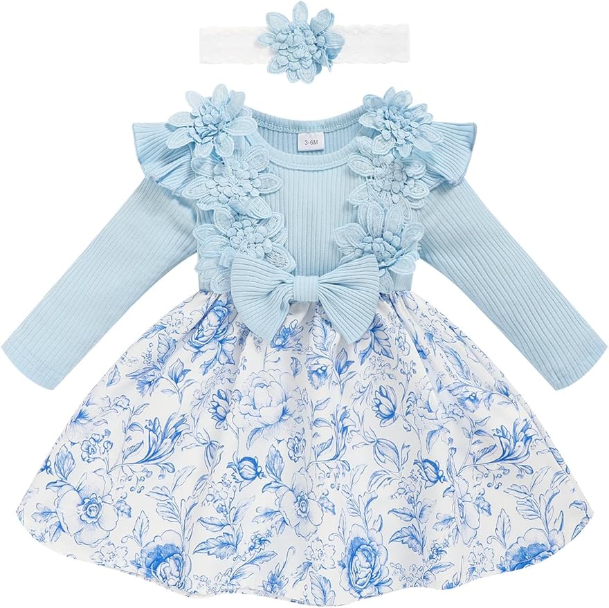 Baby Girl Dress Fall Flower Ruffle with Lace Headband Toddler Girls 3M-3T Infant Dresses Winter Baby Girl Clothes