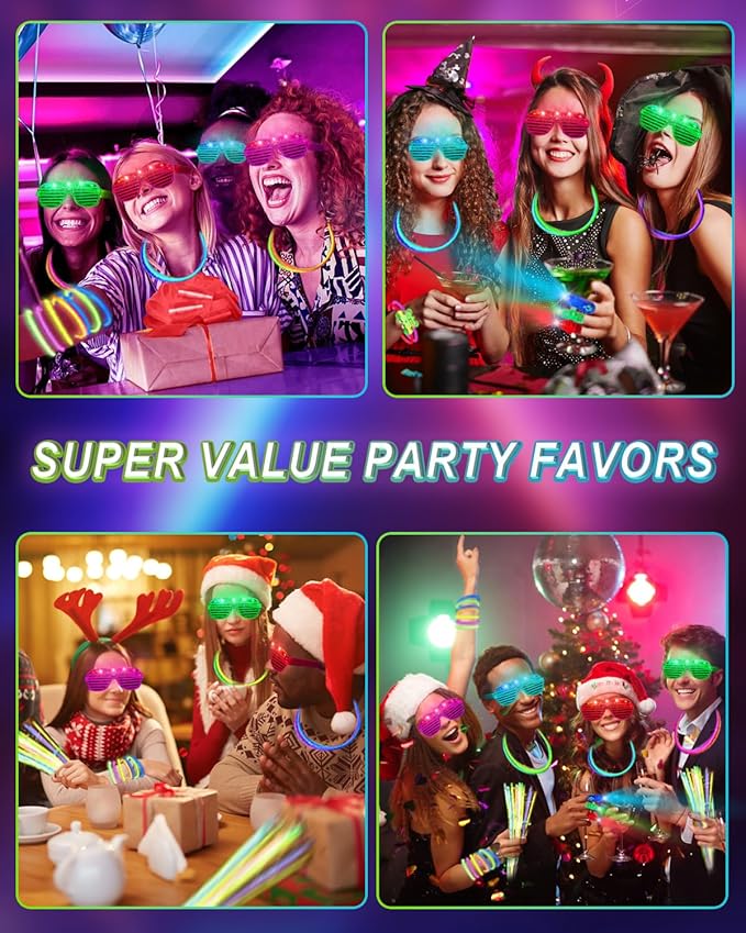 270 PCS Glow In The Dark Party Supplies for Kids Adults, 100 Glow Sticks Bulk Party Pack Light Up Party Favors, 12 LED Glasses, 32 Finger Lights, 8 LED Hair Clips for Wedding Birthday Halloween