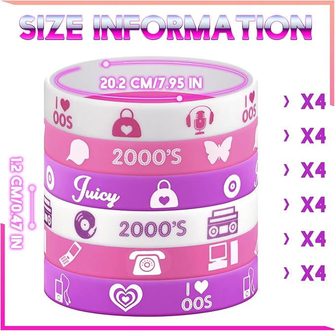 24 Pcs 2000s Party Favors Y2k Party Silicone Wristband Bracelets Colored Stretch Rubber Bracelets for Adults Y2k Themed Party Supplies