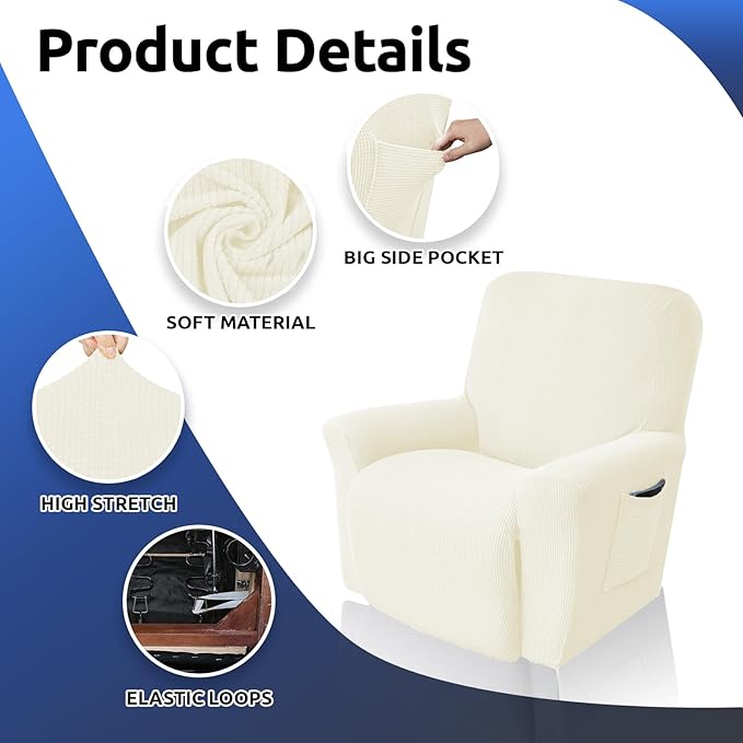 KEKUOU Recliner Chair Covers Lazy Boy Recliner Covers Stretch Couch Cover Slipcovers 1 Piece Furniture Protector with Elastic Bottom for Dog,Kids.(Recliner, Beige)