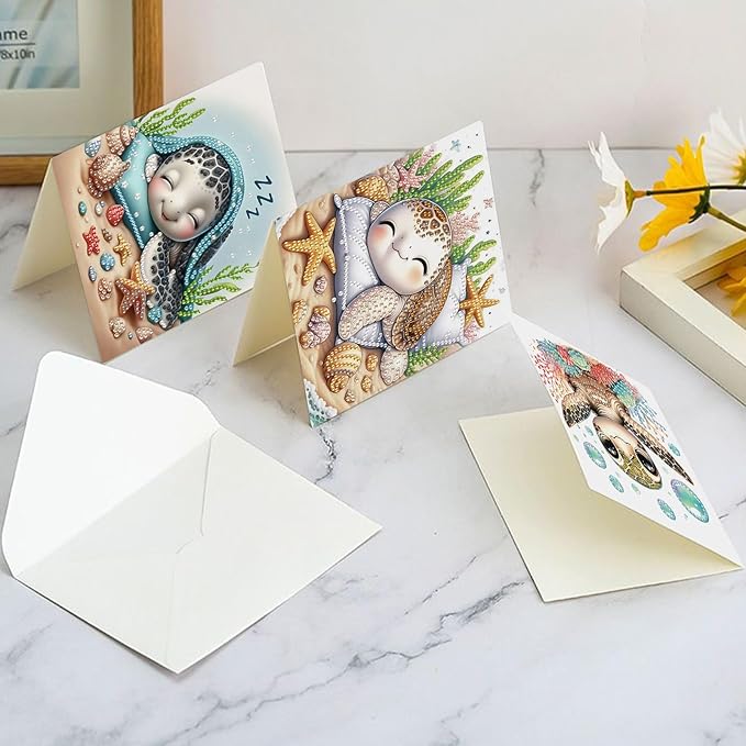 6 pcs Diamond Art Painting Greeting Card Kits, Animal Cute Turtle Design Irregular Shapes Diamond Art Fine Glitter Greeting Cards with Envelopes, Clay Glue, Pen, and Bead Bag for Creative Gifts