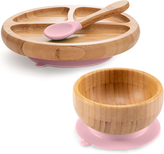 Toddler Bamboo Plates, Bowls and Spoon Set, Wooden Feeding Utensils for Infant’s Easy Self Eating at 1 Stage, Stay Put Silicone Suction Plate and Bowl and Soup Spoon for Baby Led Weaning