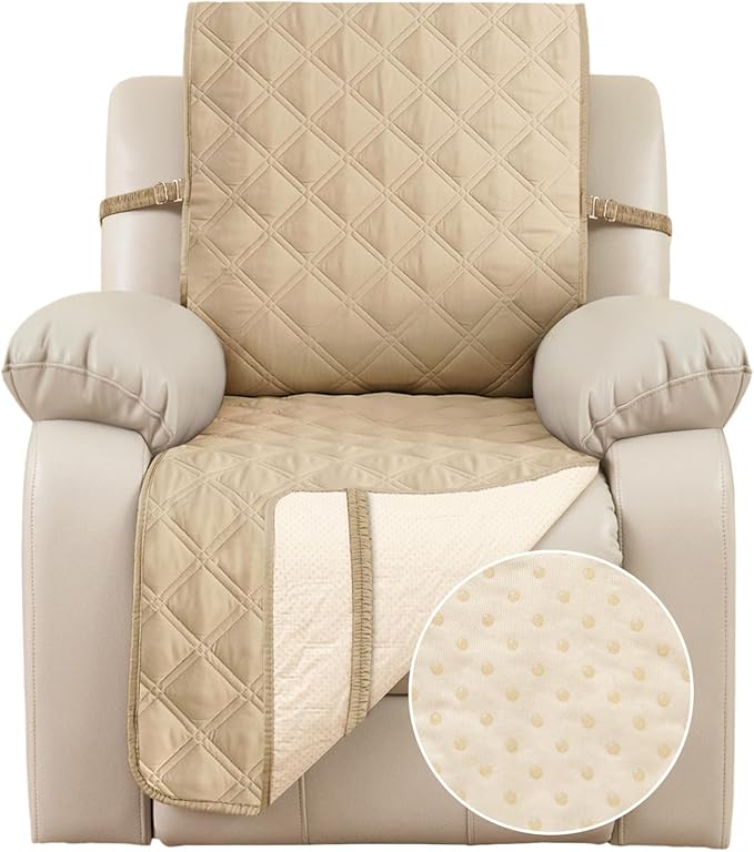 TOMORO Non-Slip Recliner Sofa Cover - 100% Waterproof Recliner Chair Slipcover Furniture Protector, Washable Couch Cover with Elastic Straps for Dog and Kids, Beige, 23 Inch Middle