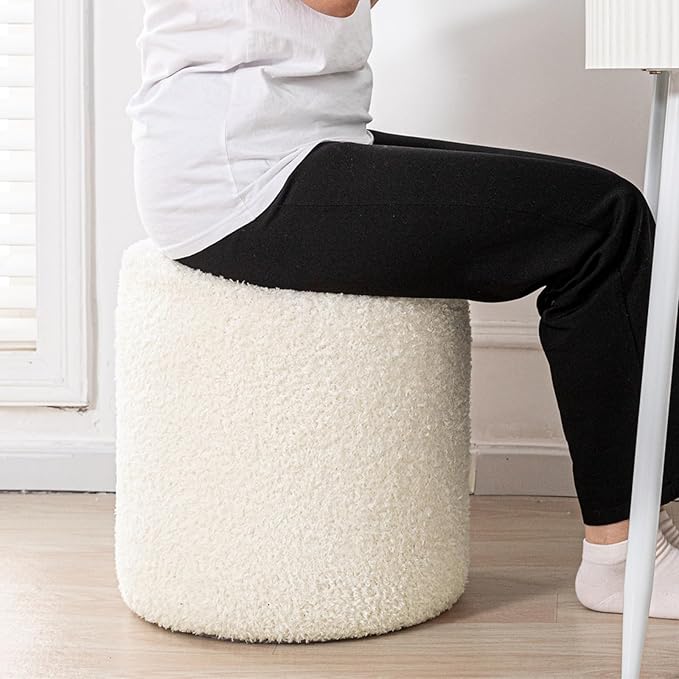 Round Ottoman Soft Chair 14.6x14.6x18 Inches Boucle Ottoman Multifunctional Ottoman Foot Rest Fluffy Fur Ottoman Stool Pouf Footrest Stool for Living Room Bedroom (Cream)