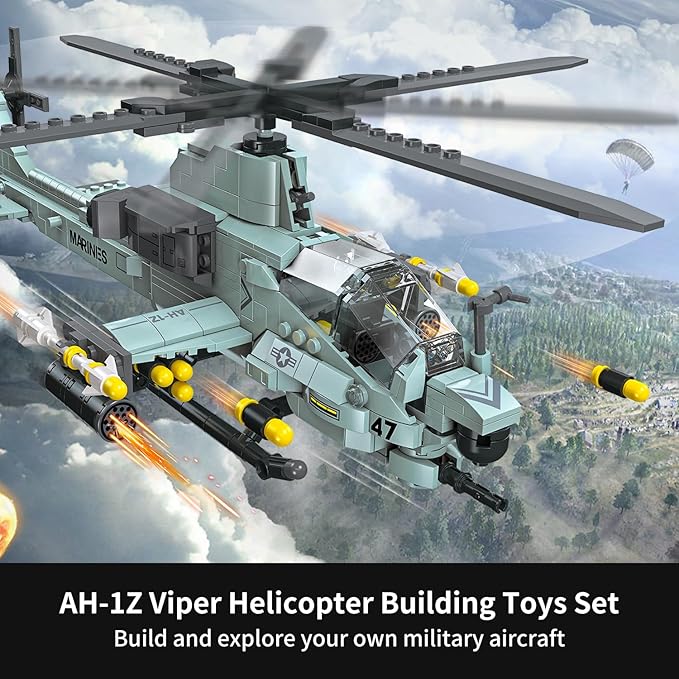 597 Pcs AH-1Z Viper Helicopter Building Set,STEM Military Army Airplane Building kit,Plane Model Collectible Home Decor,Air Force Building Block Toys,Military Toy Gifts for Kids Teens Adults