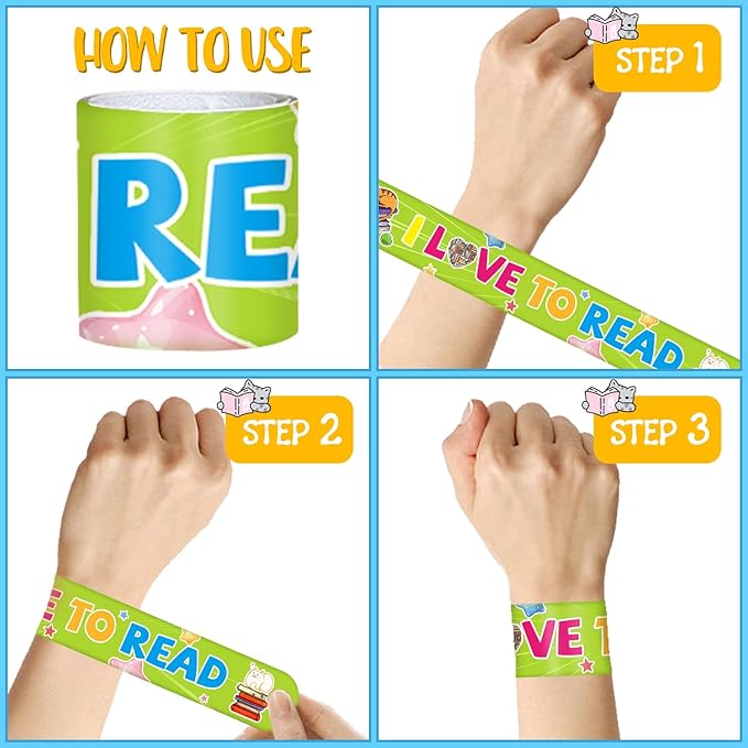 48 Pcs Reading Book Love to Read Slap Bracelets Party Favors, Book Wristbands Bracelets Goodie Bag Fillers for Reading Book Birthday Party Decorations Supplies for Kids Classroom Rewards