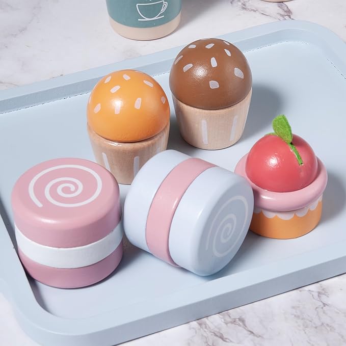 21pcs Wooden Breakfast Set Kids Pretend Play Toy Kitchen Accessories, Toddler Kitchen Playset with Coffee, Dessert, Cutting Bread, Butter, Wooden Toy Food Set Boys & Girls Birthday Gift