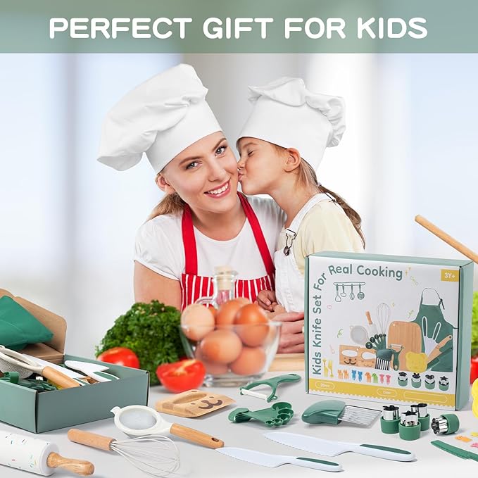 20 PCS Kids Safe Knife Set for Real Cooking, Montessori Kitchen Tools for Toddlers, Cooking & Baking Set for Kids Little Chefs, Kids Kitchen Knife Set, Crinkle Cutter, Kids Apron for Girls Boys