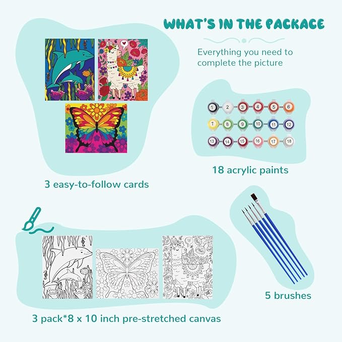 3 Pack Paint by Numbers for Kids Ages 8-12, Pre-Drawn Canvas Painting, Includes 8x10 inch Framed Canvas with 18 Acrylic Paints, 5 Brushes for Kids, Perfect Creative Gifts & Arts and Crafts for Kids