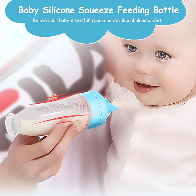 WAJIAYON Baby Food Feeder 4 Pack Silicone Baby Food Dispensing Spoon-3 oz Squeeze Feeding Spoons with Suction Cup for Boys Girl Kids Toddlers - Self Feeding Bottle Spoon-Sky Blue