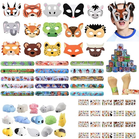 65Pcs Safari Jungle Animal Themed Birthday Party Favors for Kids, Baby Shower/Wild-One/Zoo Woodland Party Gift Goodie Bag Stuffers, Include Animal Masks/Slap Bracelets/Tattoos/Animal Squishies Toys
