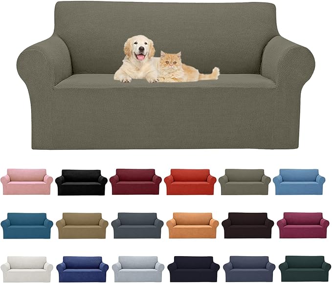2025 New Stretch Loveseat Sofa Slipcovers Couch Cover for 2 Cushion Furniture Protector Sofa Covers with Elastic Bottom Jacquard Fabric Small Checks for Pets, Kids - Khaki
