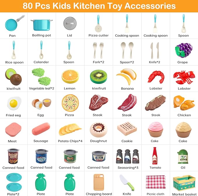 80Pcs Kitchen Playset, Toddler Pretend Cooking with Pots, Pans, Cookware, Food, Picnic Blanket, Fruits, Veges, Shopping Storage Basket, Dessert , Learning Gift for Girls Boys (Turquoise)