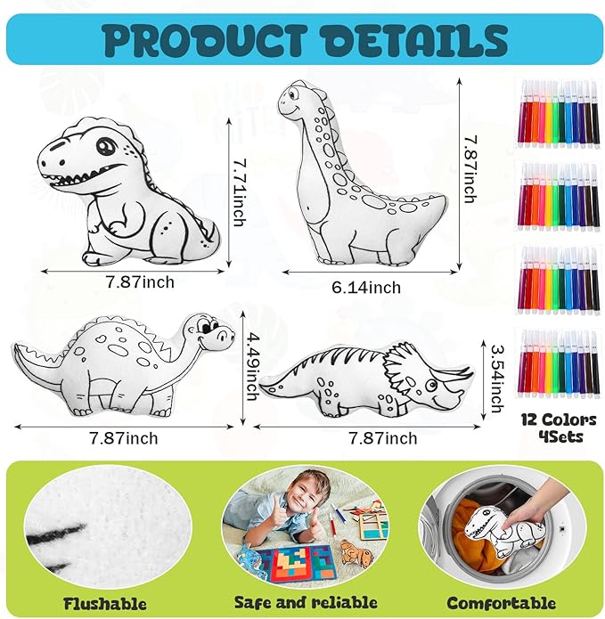 4 Sets Boys Girls Doodle Dolls, Color Your Own Dinosaur Gift Set 4 Coloring Plush Toy Washable Stuffed Animal Drawing DIY Crafts Art 48 Watercolor Pens for Boys Girls 4-10 Years Old