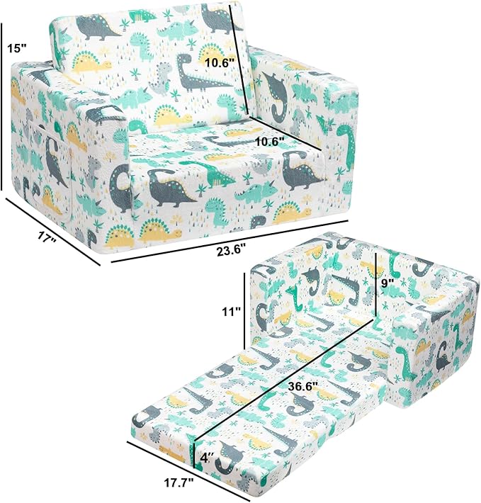 ALIMORDEN 2-in-1 Flip Out Cuddly Sherpa Toddler Couch, Convertible Sofa to Lounger, Dinosaur