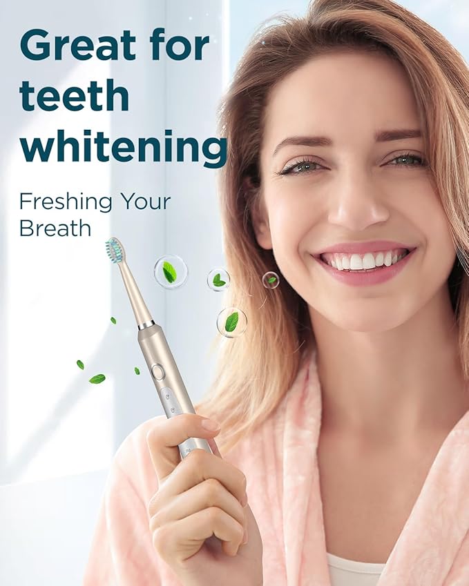 Rtauys M5 Sonic Electric Toothbrush for Adults - Rechargeable Electric Toothbrushes with 8 Brush Heads & Holder, Travel Case, Power Electric Toothbrush，3 Hours Charge for 120 Days - Champagne Gold