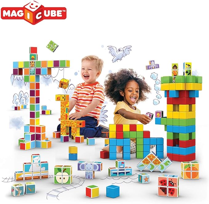 Geomag MagiCube Small Animals 4-Piece Magnetic Stacking Cubes Building Set, Toddlers & Kids Ages 1.5 and Up, STEM Educational Toy, Swiss-Made, Creativity, Imagination, 6 Adorable Building Ideas
