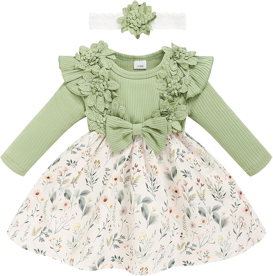 Baby Girl Dress Fall Flower Ruffle with Lace Headband Toddler Girls 3M-3T Infant Dresses Winter Baby Girl Clothes