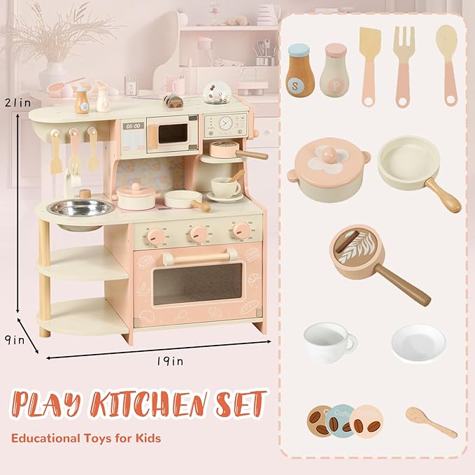 Wooden Kitchen Playset for Kids Ages 3-8, Pretend Play Kitchen for Toddlers with Realistic Design, Cooking Accessories, Coffee Maker, Oven, Microwave, Sink - Small
