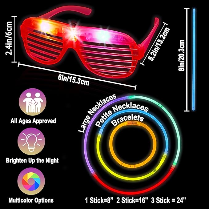 325 Pcs Glow in the Dark Party Supplies,Light Up Party Favors With 300 Pcs Glow Sticks Bracelets & 25 Pcs LED Glasses,Neon Party Favors for Glow Party Wedding Concert Halloween Raves Birthday