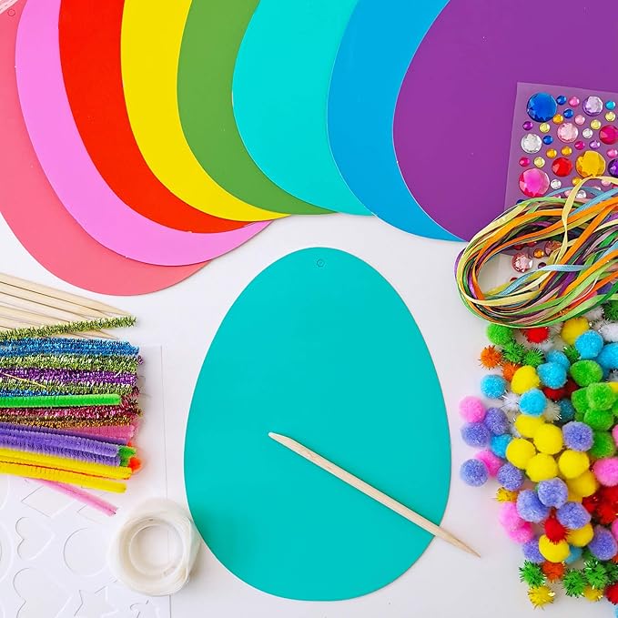 32 Sets Magic Color Scratch Art Easter Egg Ornaments Decorations DIY Easter Craft Kits Assorted Scratch Paper Egg Pom-poms Pipe Cleaners for Kids Party Favors Classroom Home Activity Art Project
