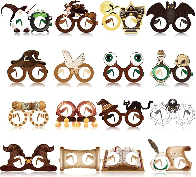 32 Pcs Halloween Wizard Party Decorations Paper Eyeglasses Wizard School Party Decoration Wizard Party Photo Prop Wizard Glasses Frame Costume Supplies for Halloween Birthday Party Favors