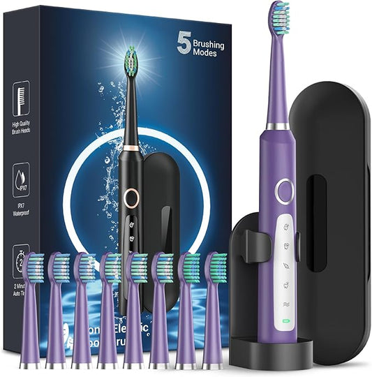 Rtauys M5 Sonic Electric Toothbrush for Adults and Kids - Rechargeable Electric Toothbrush Kids Ages 12+ and Adults with 8 Brush Heads & Travel Case, 120 Days Battery Life - Purple