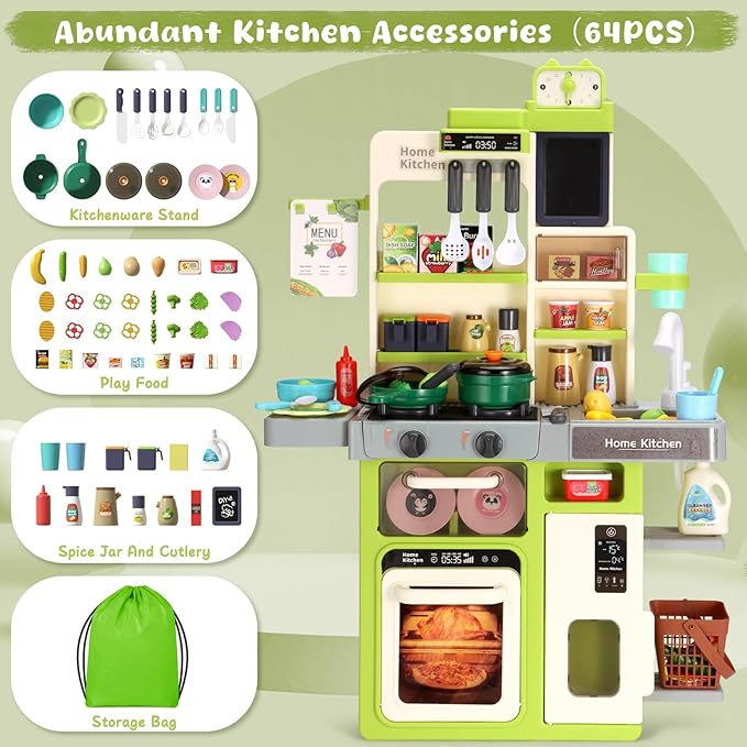 Kids Kitchen Playset, Easface Play Kitchen for Toddlers 1-3 with Sound and Light, Cooking Stove with Steam, Play Sink and Toy Kitchen Accessories Pretend Kitchen Toys for Girls Boys 3-5 (Soft Green)