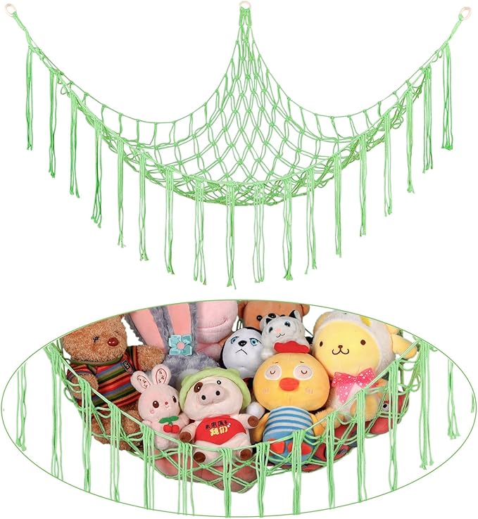 Boho Stuffed Animals Net or Hammock Large,55 inch Toy Hammock Macrame Stuff Animal Storage Corner Hanging Net Holder,Mesh Hammock Plush Toy Organizer with Hooks for Bedroom,Nursery (Deep Green)