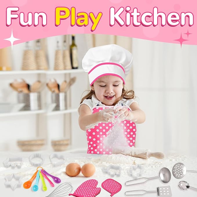 Kids Cooking Baking Set , Kids Kitchen Pretend Play Toys, Kids Chef Role Play Costume Set - Chef Hat and Matching Pink Apron, Birthday Xmas Gifts for 3-8 Year Old Girls Toys