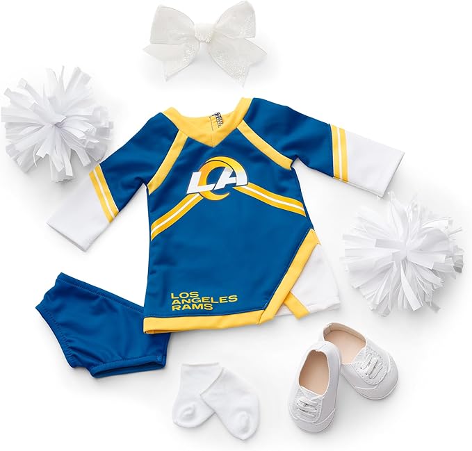 American Girl Los Angeles Rams Cheer Uniform 18 inch Doll Clothes with Pom Poms, Blue and Yellow, 5 pcs, Ages 6+