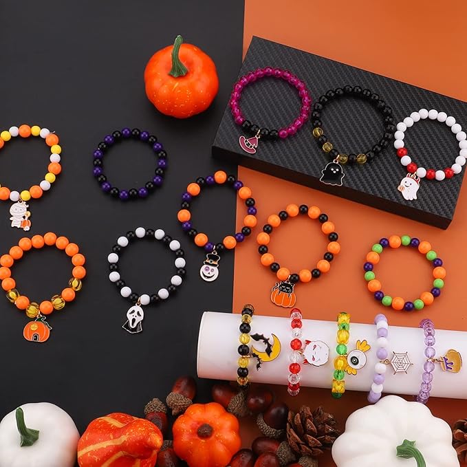 15PCs Halloween Bracelets Girls Boys Bracelets with Pumpkin Ghost Eyeball Clown Wizard Hat Skeleton Cat Halloween Pendants for Halloween Party Favors