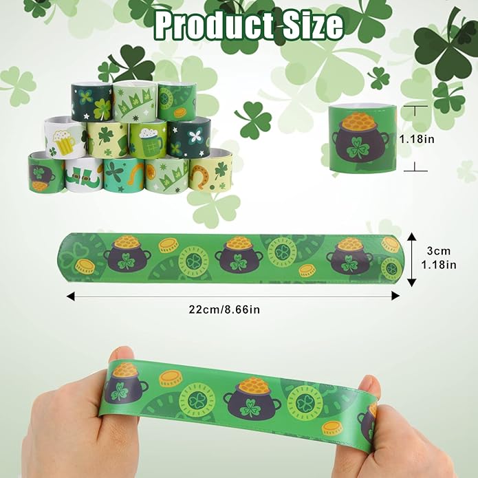 KIMOBER 48PCS St. Patrick's Day Slap Bracelets,Green Snap Wristbands with Sharmrock Cauldron for Kids Party Favors