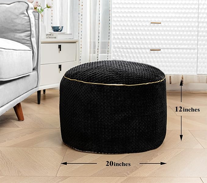 Round Stuffed Pouf Ottoman 20x20x12 Inches Faux Fur Ottoman Foot Rest Under Desk Foot Stool Great for Living Room Bedroom Small Furniture (Black)