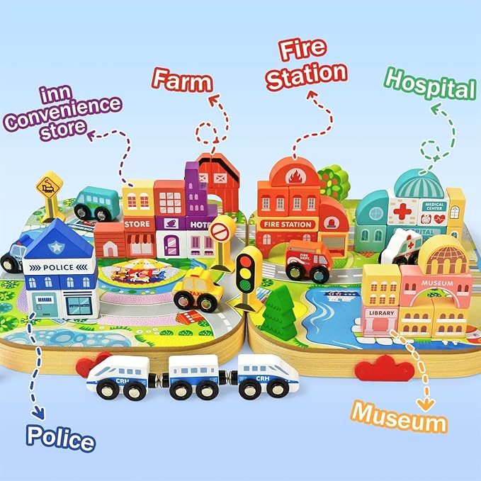 Vileafy Toys Building Blocks Set for Boys and Girls Gift, 56 Pcs Wooden City Stacking Block, Educational Toys for 3 4 5 6 Years Old Kids