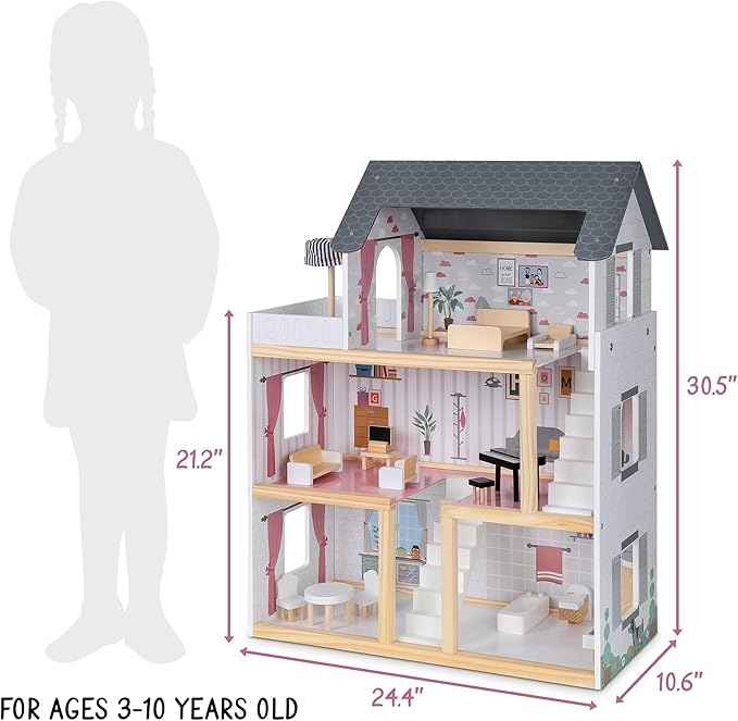 Lil' Jumbl Jumbl Kids Wooden Dollhouse, 17-Piece Accessories & Furniture are Included, with Balcony & Stairs, 3 Story Easy to Assemble Doll House Toy