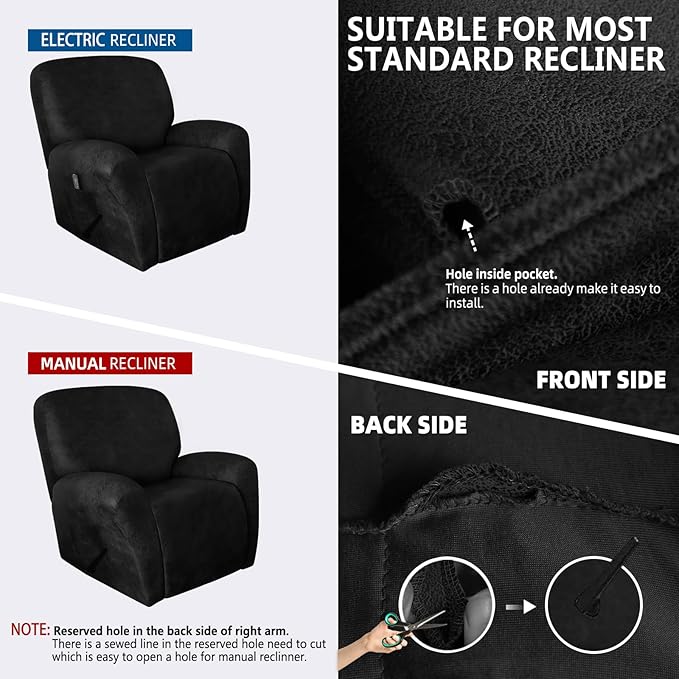 molasofa Recliner Chair Covers - 4 Pieces Leather Like Large Recliner Covers with Pocket Soft Non Slip Stretch Recliner Slipcover for Lazy Boy Recliner Chair Washable Furniture Protector (Black)