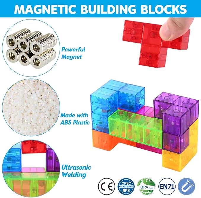 Magnetic Building Blocks Stacking 3D Puzzle Cubes, 7 Multi Shapes Magnetic Blocks with 54 Guide Cards, Educational Toys for Toddlers, Montessori Toys for Boys Girls