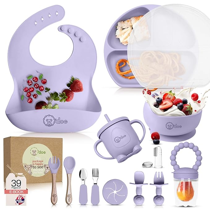 O'doe 17-Piece BPA-Free Silicone Baby Feeding Set | Thick & Soft Suction Plates, Baby Bowls, Wooden Fork & Spoon, and More | Make Mealtime Fun and Easy for Your Little One (Purple, V2)