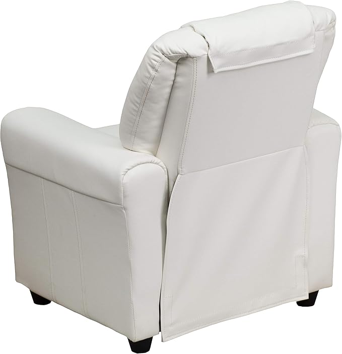 Flash Furniture Vana Vinyl Kids Recliner with Cup Holder, Headrest, and Safety Recline, Contemporary Reclining Chair for Kids, Supports up to 90 lbs., White