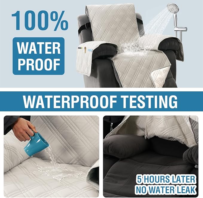 H.VERSAILTEX 100% Waterproof Recliner Slipcovers 1-Piece Lazy Boy Recliner Chair Covers Furniture Protector with Elastic Straps for Pets Kids Sitting Width Up to 23" (Recliner, French Oak/Beige)