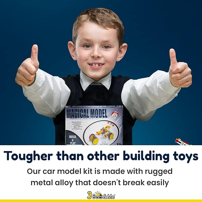 3 Bees & Me STEM Car Building Erector Toy Kit | Educational Metal Project for Boys and Girls Aged 8-11 Years Old (Ages 6-7 with Help) Beginner Gift Set for STEM Learning and Junior Engineers