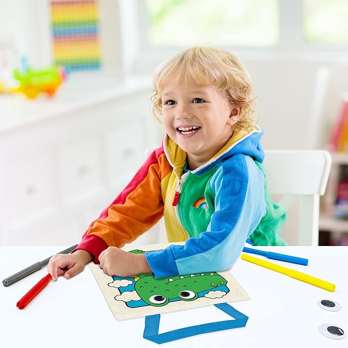 6 Pieces Kids Coloring Goodie Bags, Reusable Canvas Bag, Cute Art Party Favors, Color Your Own Bags for DIY Painting Birthday Carnival Celebration, Party Supplies Gift, Boys