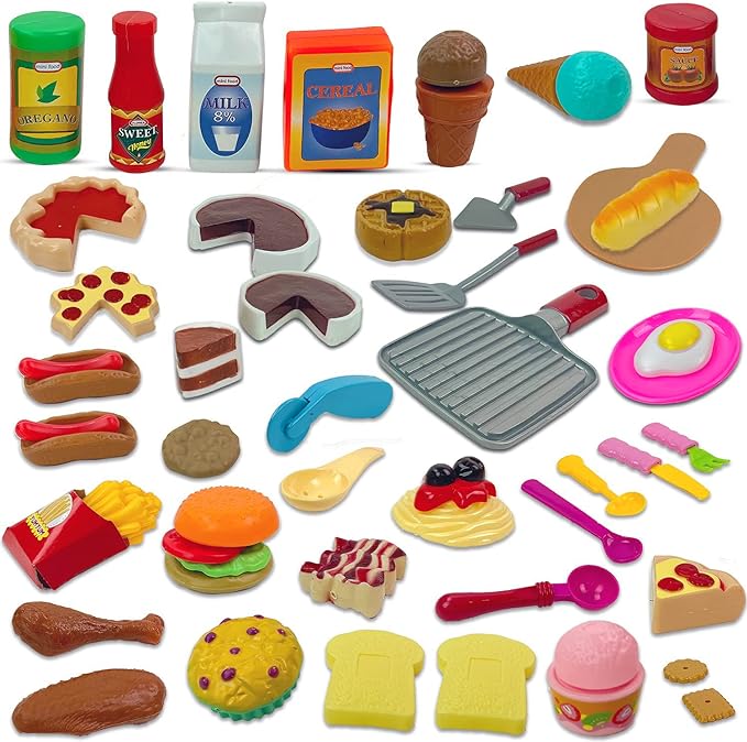 50 PCS Kids Deluxe Pretend Play Food Set with Kitchen Tools, Breakfast, Fast Food, Ice Cream & Desserts - Fun & Interactive Gourmet Toy Assortment Playset for Imaginative Play
