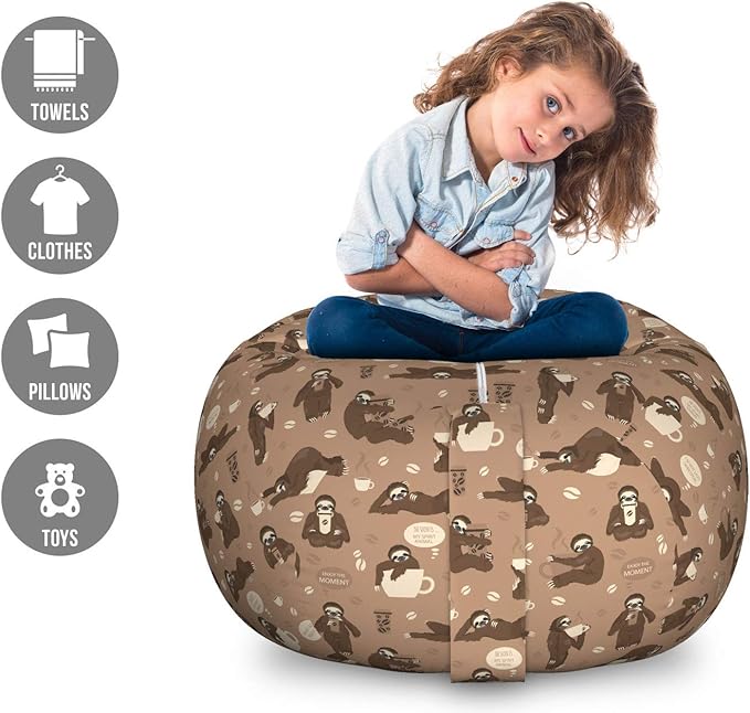 Ambesonne Funny Sloth Storage Toy Bag Chair, Whimsical Lazy Animal with Morning Coffee Poses Enjoy The Moment, Stuffed Animal Organizer Washable Bag, Large Size, Umber Beige Warm Taupe