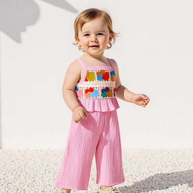 6M-5T Little Girl Clothes Boho Outfit Straps Hearts Shirts Cami Tank Tops Wide Leg Pants Baby Girl Summer Clothes